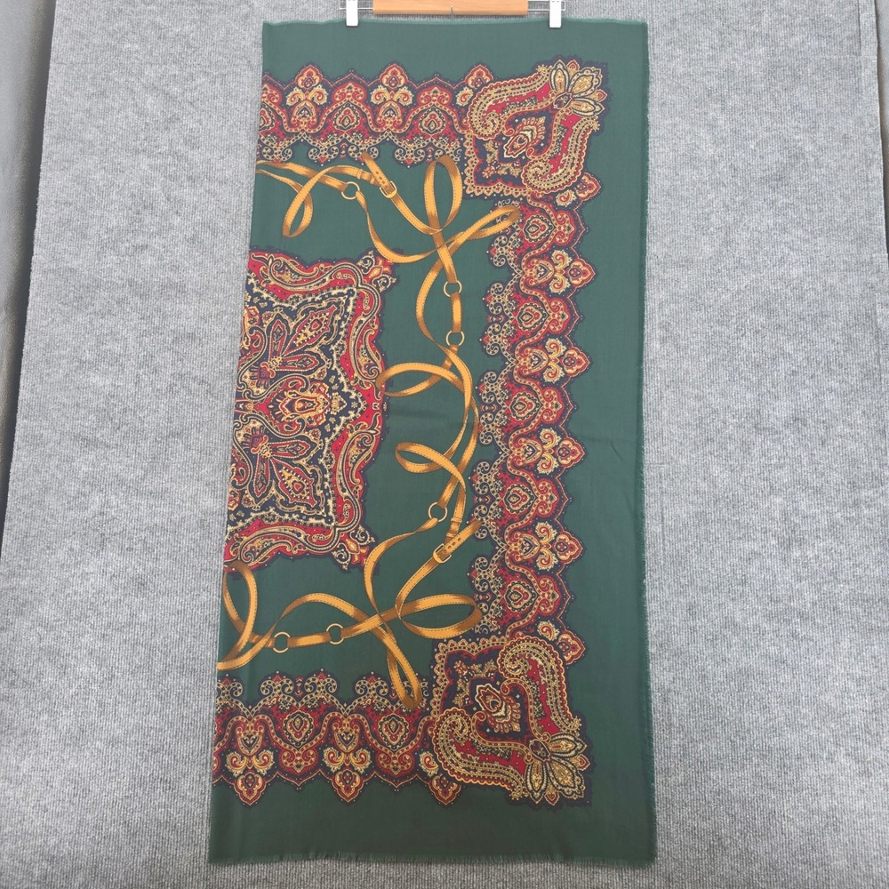 Vintage Tie Rack Art of the Scarf Italy Green Paisley Gold Chain Belt Scarf